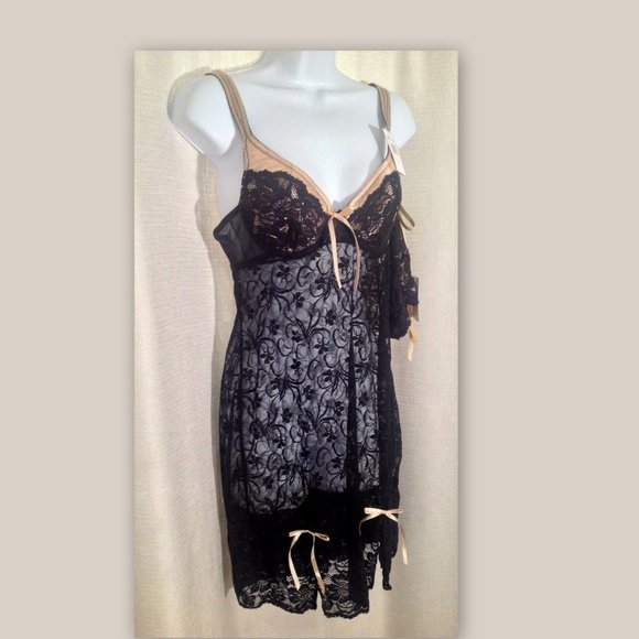 DONNA L'OREN Size Medium 2-Piece Sexy Sheer Black Lace Babydoll Nightie & Thong - Picture 3 of 6